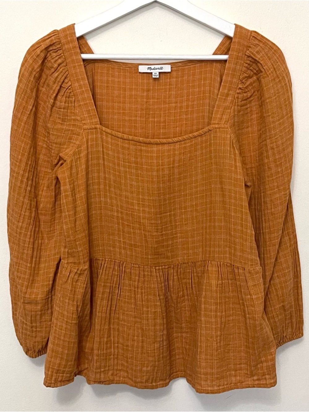 Madewell • XS • Burnt Golden Orange Square-Neck Puff Sleeve Peplum Plaid Top
